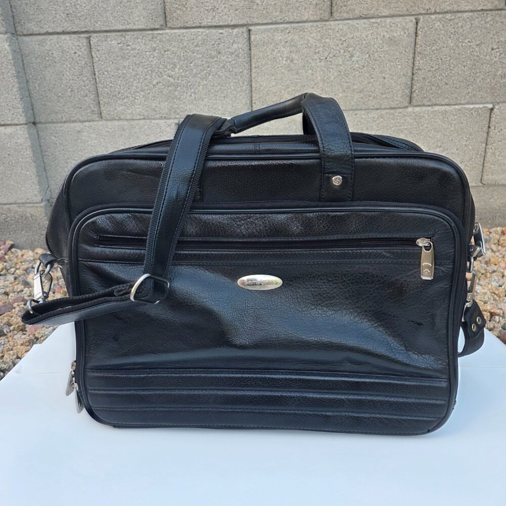 Samsonite LArge Black Leather Expandable Laptop Briefcase  With Strap - Picture 2 of 9